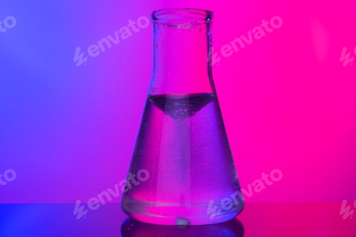 Preview: Chemical glassware close up on neon pink-purple background