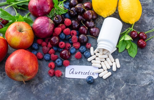 Preview: Products that contain quercetin. Selective focus.