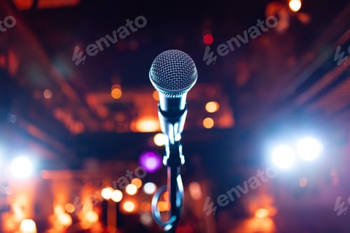Preview: Microphone on stage against a background of auditorium.