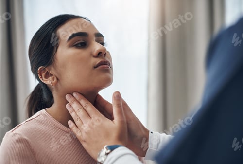 Preview: Shot of an unrecognizable doctor feeling a patients throat in an office