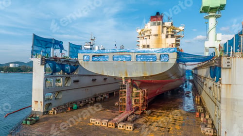 Preview: cargo container ship at dry dock concept maintenance service working in the sea. Insurance