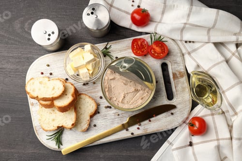 Preview: Concept of tasty food with pate, top view