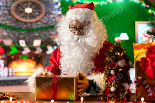 Preview: Santa Claus wraps a festive gift box by the fire in his North Pole workshop