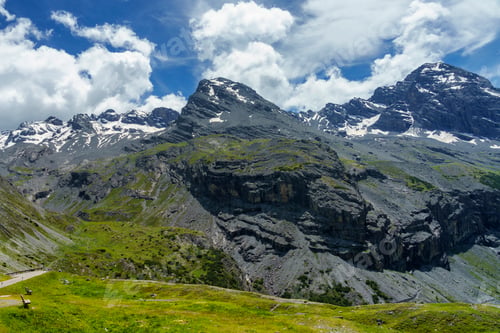 Preview: Mountain landscape along the road to Stelvio pass (Lombardy) at summer