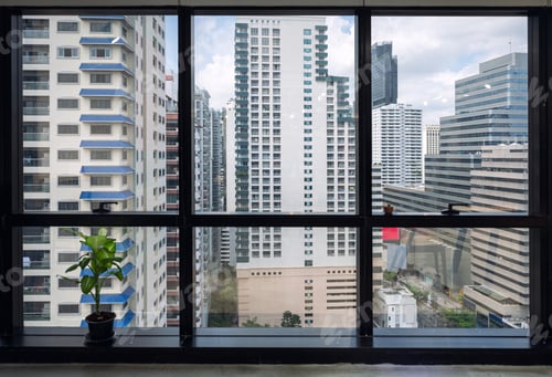 Preview: Interior of window office and crowded building in downtown