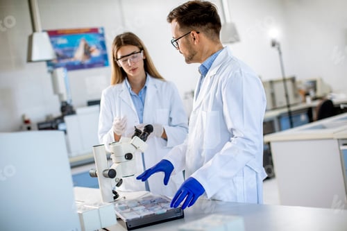 Preview: Group of young researchers analyzing chemical data in the laboratory