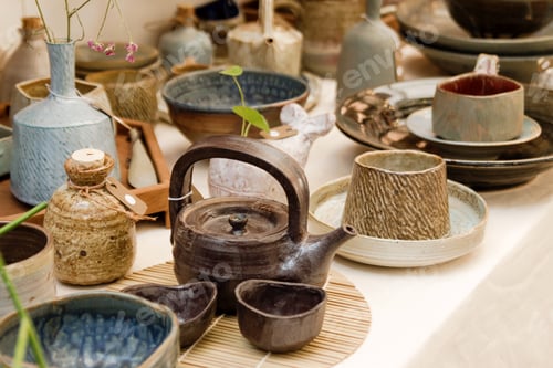 Preview: Handmade pottery dishes on shop window of a street market. Chiang Mai, Thailand.
