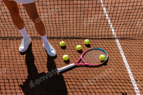 Preview: Low angle female tennis player serving ball against blue sky during outdoor tournament