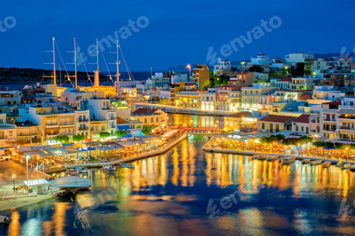 Preview: Beautiful Agios Nikolaos town at night. Lasithi region of Crete island, Greece