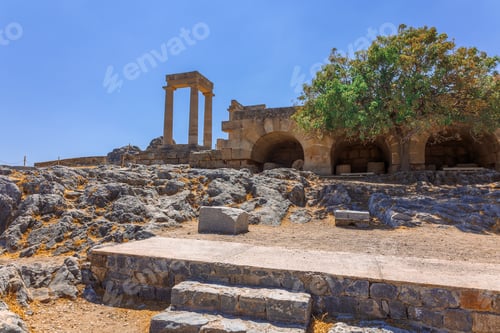 Preview: Panoramic view of ruins of ancient city of Lindos on colorful island of Rhodes, Greece. Famous