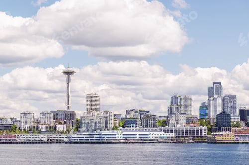 Preview: Bright and sunny panoramic view of Seattle skyline from the water