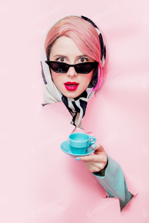 Preview: woman in shawl and blue classic jacket with cup of drink