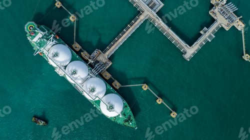Preview: LNG (Liquified Natural Gas) tanker anchored in Gas terminal gas tanks for storage. Oil Crude Gas