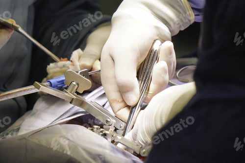 Preview: Closeup shot of doctors performing a spinal surgery under the lights - surgical concept