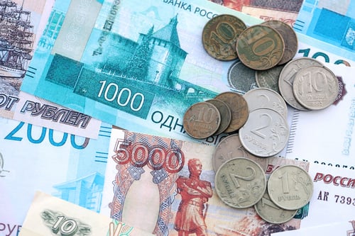 Preview: Coins and banknotes of Russian Federation ruble currency. Russia RUB money close up. Business