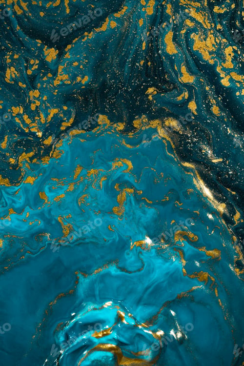 Preview: Abstract paint texture art. Natural luxury. Blue paint with gold glitter powder. Marble background.