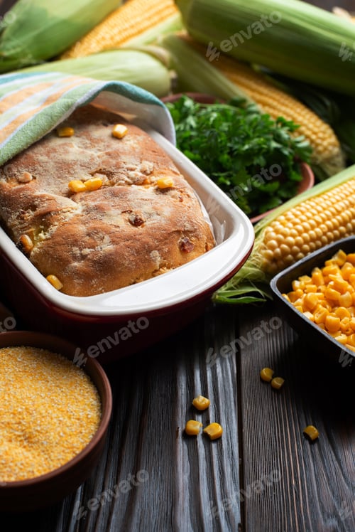 Preview: Cornbread in ceramic baking dish on wooden kitchen table