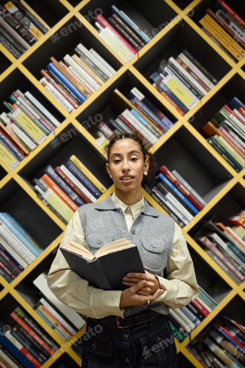 Preview: Portrait of Young Adult Multiethnic Woman Holding Book Standing in Library