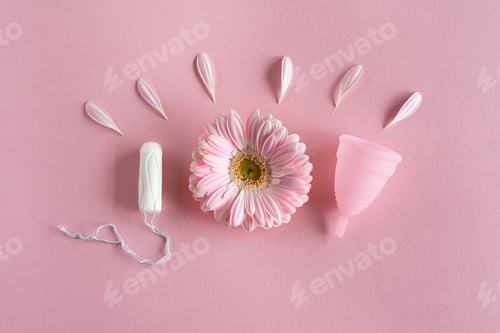 Preview: Tampons and menstrual cup on pink background.