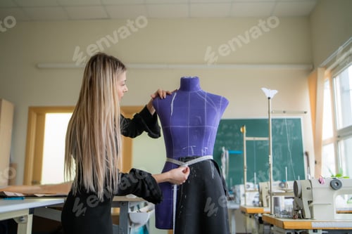 Preview: Student carefully measures fabric around the waist of a mannequin