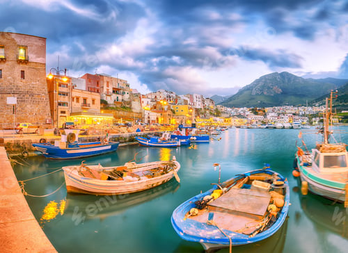 Preview: Breathtaking evening cityscape of Castellammare del Golfo town.