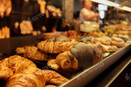 Preview: Selective focus of tasty croissants on bakery showcase in Catalonia, Spain