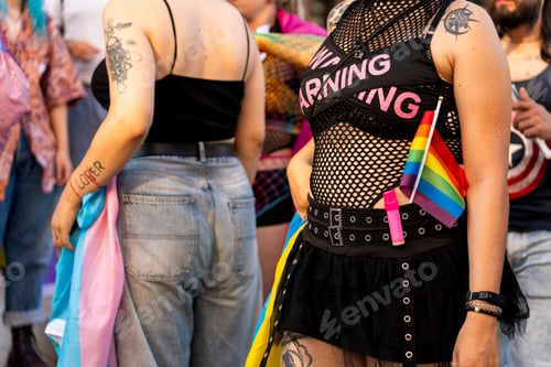 Preview: People waving rainbow flags celebrating gay pride during lgbt parade