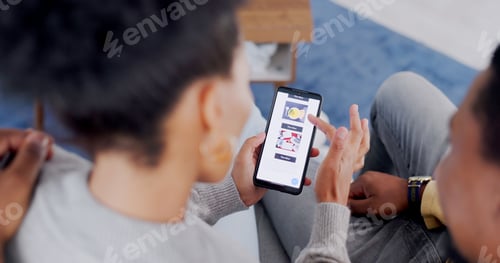 Preview: Overhead, phone and a customer couple on a sofa, shopping online in the living room of their home t