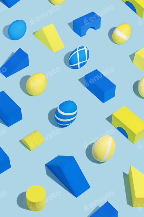Preview: Geometric shapes and decorated Easter eggs with hard shadows on a light blue background.