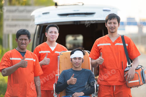 Preview: Portrait of paramedic team is assisting an injured man in an emergency situation on the road.