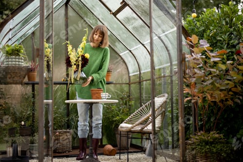 Preview: Woman with flowers in greenhouse