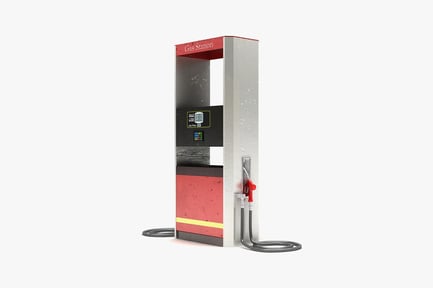 Cylindrical gas station structure with signage and hoses