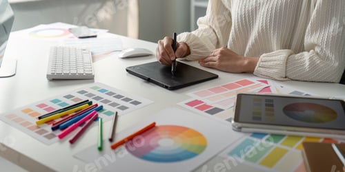 Preview: Woman graphic designer working in home office. Artist creative designer illustrator graphic skill