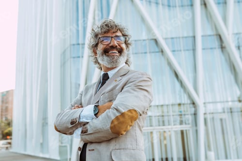 Preview: Cheerful adult businessman with arms crossed outdoors
