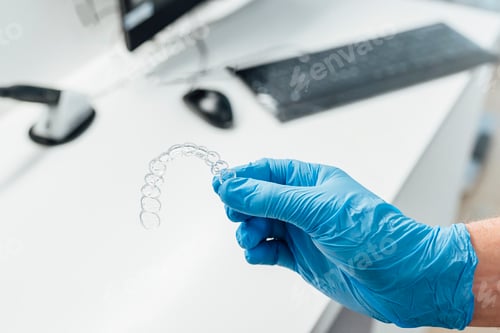 Preview: Doctor hand holding a clear dental aligner