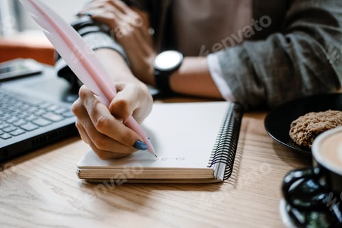 Preview: To do list, organize plans, projects, checklist, Productivity Works. Woman writing to do list. Close