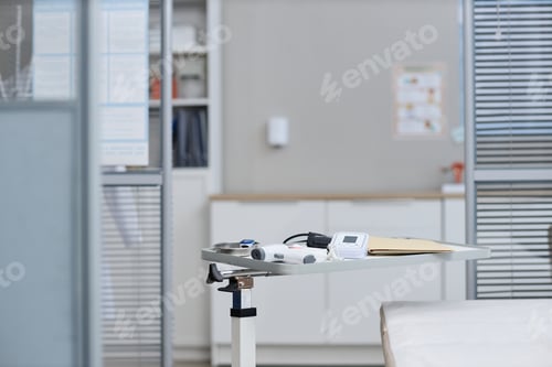 Preview: Medical Equipment on Hospital Tray in Examination Room during Routine Checkup