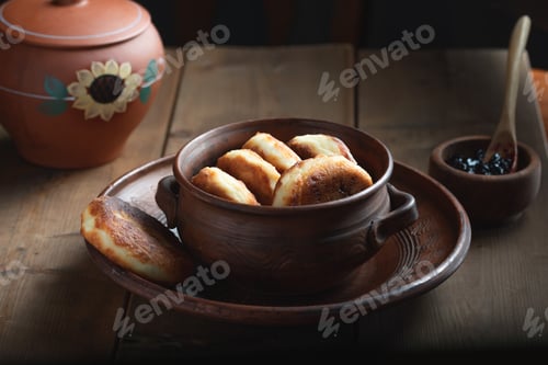 Preview: Cheese pancakes in a plate on table with jam