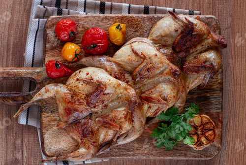 Preview: grilled quail meat, on a wooden chopping board, tobacco, in the oven, with spices,