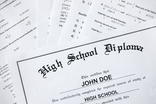Preview: High School Diploma copy lies on many pages of alghebra and geometry tests and tasks