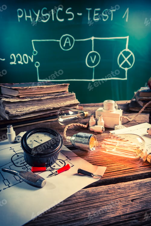 Preview: Physics class rooms with Edison light bulb and electrical diagram