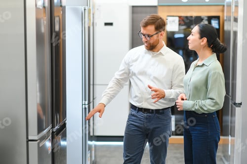 Preview: shop assistant demonstrates refrigerator to young woman in home appliance shopping mall supermarket
