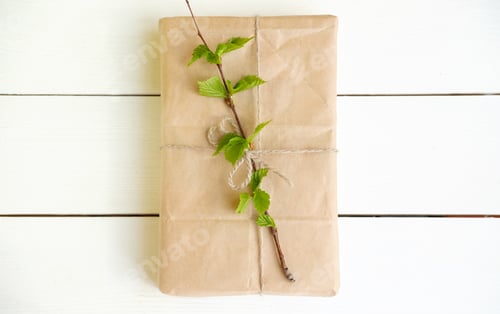 Preview: eco gift box decorated with birch leaves. Zero waste concept.
