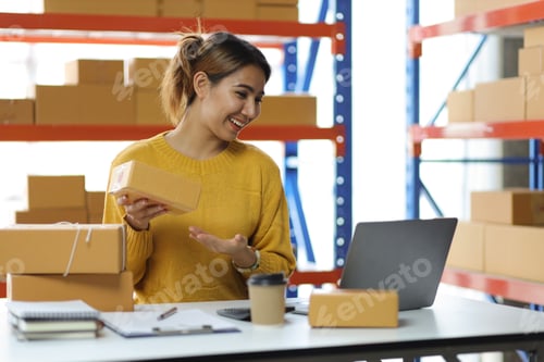 Preview: Woman startup small business entrepreneur works with cardboard boxes in a warehouse.