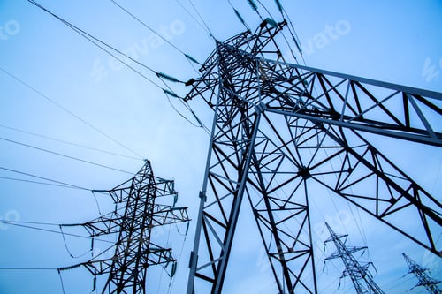 Preview: Electricity pylons on blue sky background. Power and energy. Energy conservation