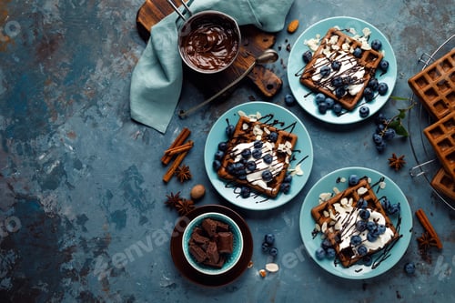 Preview: Chocolate belgian waffles with ice cream and fresh blueberry on blue background, top view