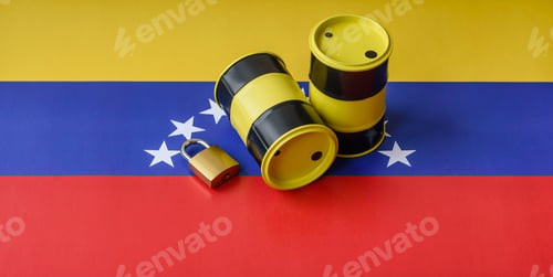 Preview: Barrels of oil, gas, or chemicals on the venezuelan flag and a ban sign. Barrels of venezuela oil