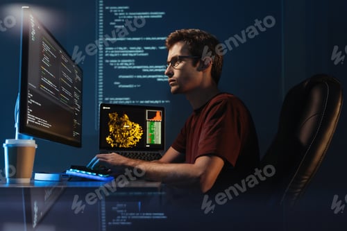 Preview: Freelancer program developer working on new app software, typing in front of pc, checking coding
