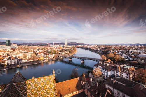 Preview: High angle view of river Rhine and rooftops of Basel, Switzerland