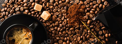 Preview: Fresh Roasted whole grains of Arabica coffee scattered, vintage spoon with ground coffee cane sugar,